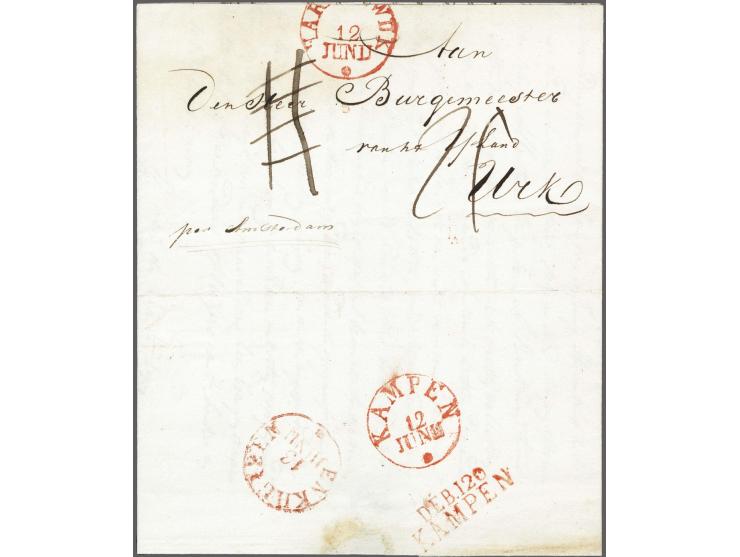 DÉB.120 KAMPEN, pracht afdruk in rood op achterzijde brief (klein deel inhoud mist) Harderwijk-Urk 1837, post naar Urk verlie