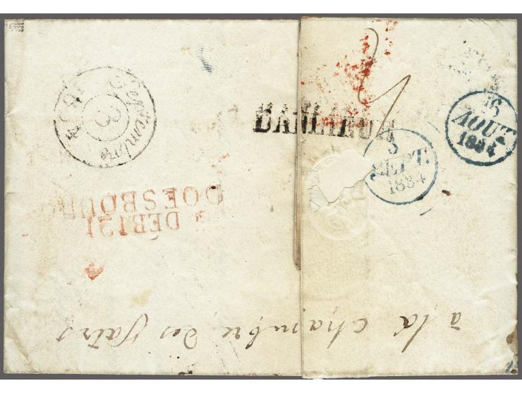 DÉB. 121 DOESBOURG in rood, lichte afdruk op brief van Milaan 8-8-1834 via&nbsp;Huningue naar Parijs (aankomststempel 3-9), m