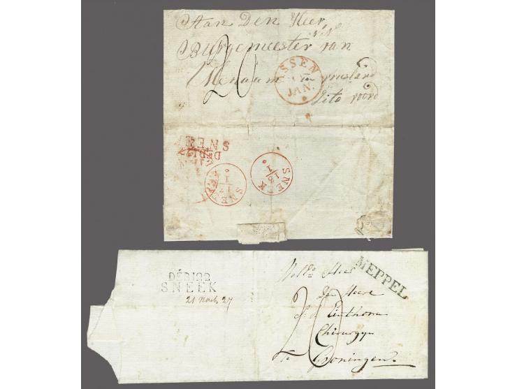 DÉB .122&nbsp;SNEEK in zwart en in rood, pracht afdrukken op 2 gedateerde brieven 1827 en 1839