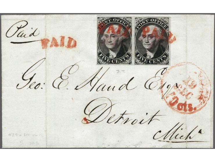 Postmaster Provisionals New York, George Washington 5 cents black in pair with Paid cancellation in red on cover 19-12-1846 t