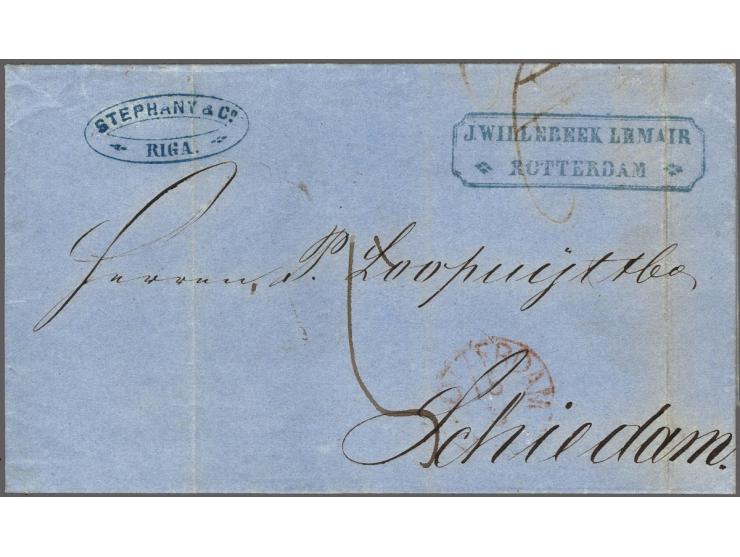 Forwarding Agents, complete vouwbrief uit Riga 11-8-1858 via J.Willebeek Lemair Rotterdam (rechthoekig stempel in blauw) naar