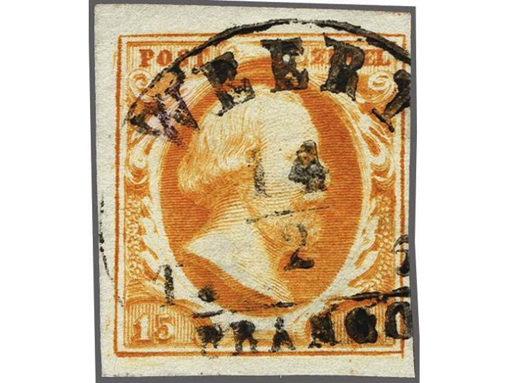 Weert B (Ey 700) op 15 cent donkergeeloranje pos. 4, vrijwel pracht ex. (links smal). Herkomst: collecties Van Dorp (1992) en