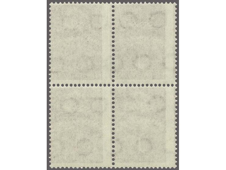 Driekronenboom 1½ cent purper met variëteit verschoven perforatie in blok van 4
