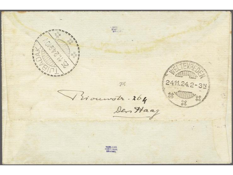 Van der Hoop-vlucht BS zonder ster 1.X.24 op envelop met 10 cent Jubileum 1923 (2x) en Bontkraag 5 gulden (2x) naar Tjibadak 