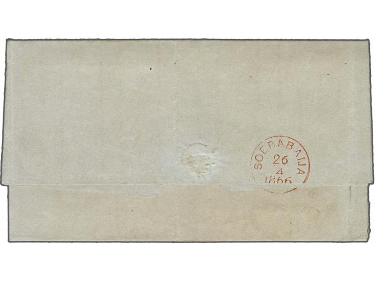 10 cent wijnrood pos. 57 op vouwbrief van Toeban 25-4-1866 (rood rondstempel voorzijde) naar Soerabaja, zeer fris pracht ex.