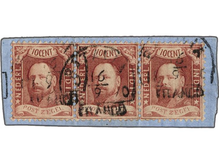 10 cent karmijnrood in strip van 3 op fragment, pracht ex., cat.w. 1000