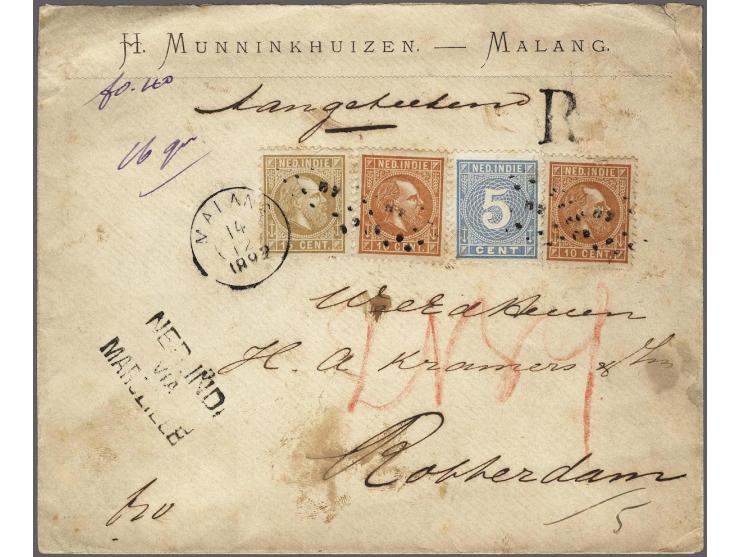 Willem III 10 cent oranjebruin (2x), 15 cent grijsbruin en Cijfer 5 cent blauw op aangetekende envelop van Malang 14-12-1892 