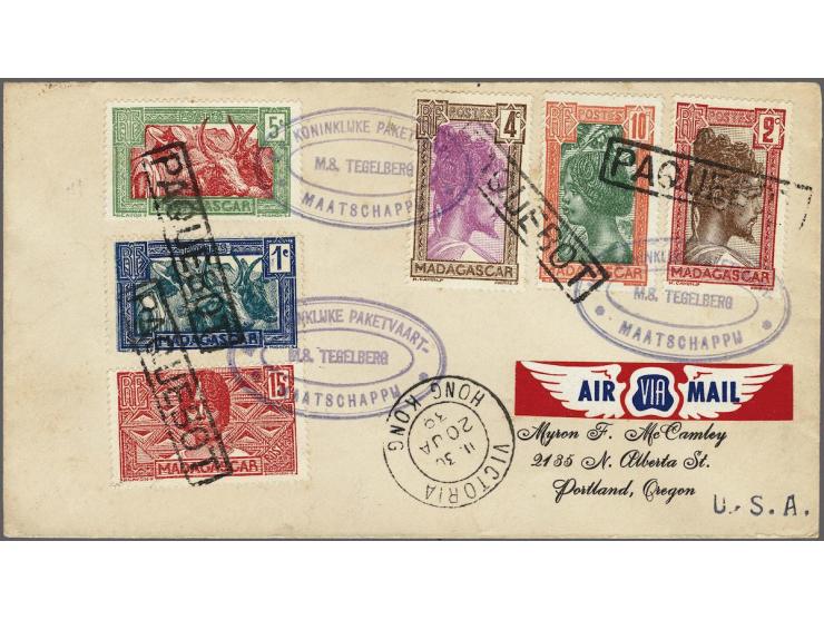 M.S. Tegelberg (ovaal stempel in blauw) op envelop van Madagascar via Hong Kong 20-1-1939 naar Portland, Oregon (USA), zeer f