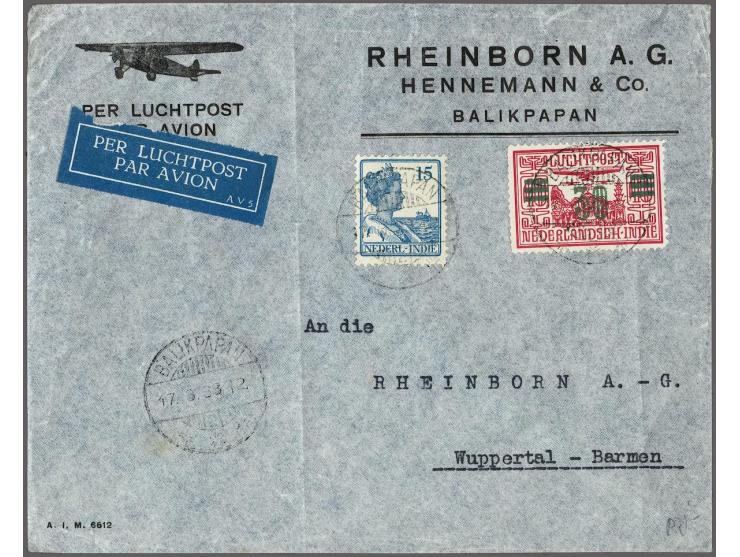 Scheepjestype 15 cent blauw en  luchtpost overdruk 30 cent groen met langebalkstempel Balikpapan 2 (door SvL niet vermeld) op