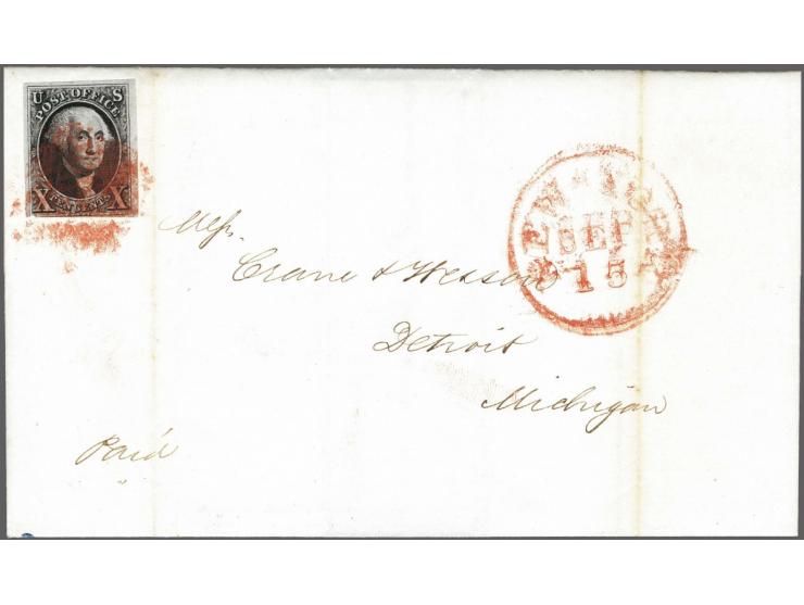 George Washington 10 cents black with red square grid cancellation on cover from New York 15-9-1849 to Detroit, Michigan, fin