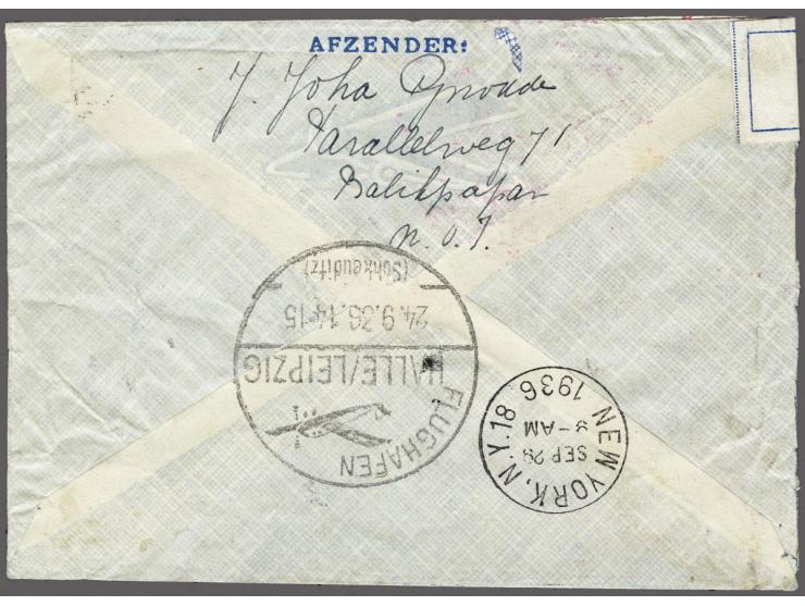 Verdragstatenpost Olympiafahrt (Sieger 427), kleingormaat luchtpost-envelop van Balikpapan 11-9-1936 met strookje From New Yo