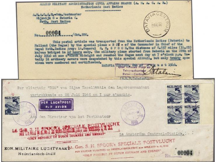Extra vlucht voor Generaal Spoor, 2 enveloppen van Batavia 28-7-1946 naar Amsterdam, w.b. één genummerd 00004 en één zonder n