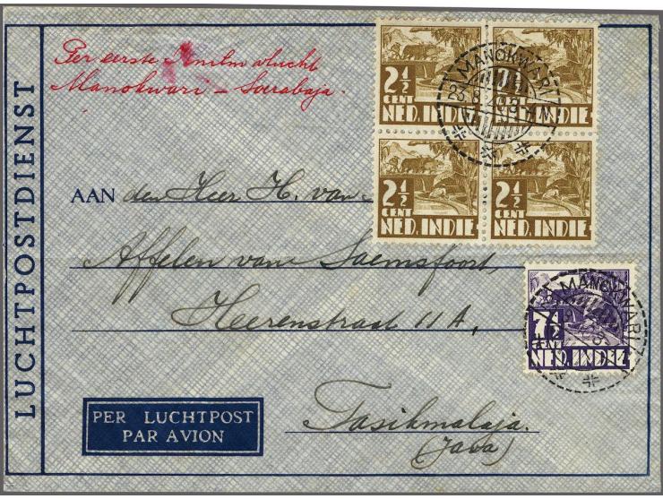 Karbouw 2½ cent sepia in blok van 4 en 7½ cent paars op luchtpost envelop van Manokwari 23-8-1940 naar Tasikmalaja, pracht ex