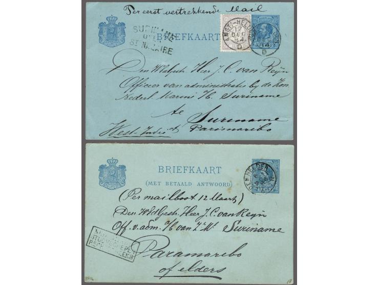 Briefkaart 5 cent Willem III met 2½ cent (zeetarief) met kleinrond AMST:-HELDER D 17 dec 84 en route SURINAME OVER St NAZAIRE