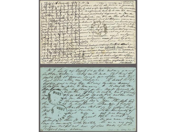 Briefkaart 5 cent Willem III met 2½ cent (zeetarief) met kleinrond AMST:-HELDER D 17 dec 84 en route SURINAME OVER St NAZAIRE