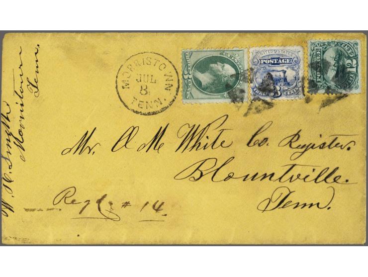 Baldwin Locomotive 3 cents ultramarine, S.S. Adriatic 12 cents green and George Washington 3 cents green, mixed franking on r