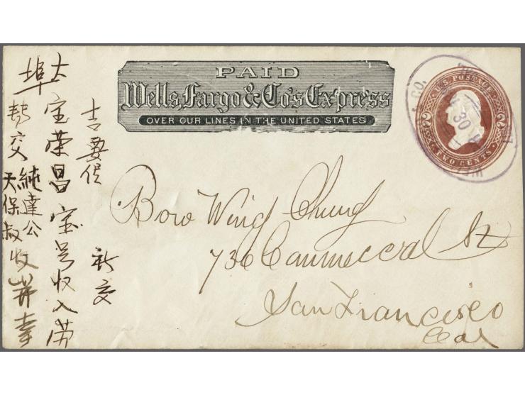Envelop George Washington 2 cents brown via the Wells Fargo China route 1886 to San Francisco, very fine
