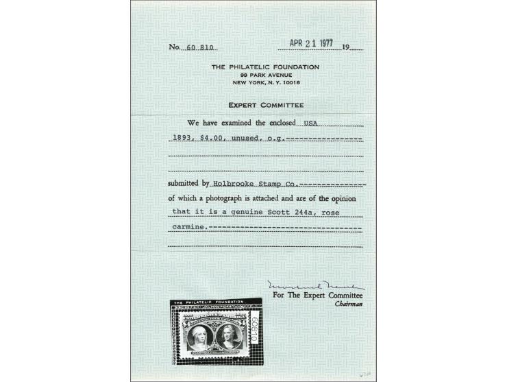 Queen Isabella and Columbus 4 dollars rose carmine, fine/very fine (gum slightly toned) with 1977 Philatelic Foundation certi