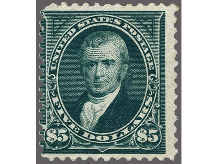 John Marshall 5 dollars dark green without watermark, fine/very fine with 1983 Raybaudi certificate, cat.v. $ 2100
