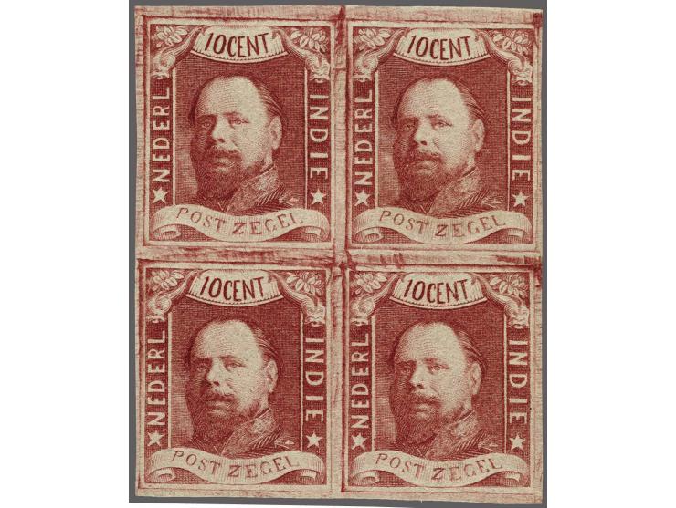 Niet geretoucheerde stempel van de 10 cent in donkerkarmijn op dun papier zonder gom in blok van 4, pracht ex. met certificaa