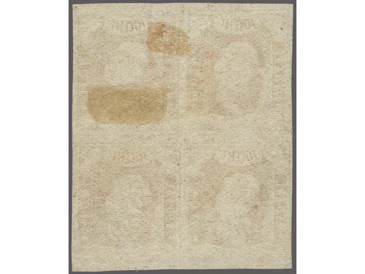 Niet geretoucheerde stempel van de 10 cent in donkerkarmijn op dun papier zonder gom in blok van 4, pracht ex. met certificaa