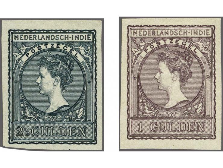 Ongetande kleurproeven type Veth 1 gulden doflila en 2½ gulden zwartblauw op dun grijs papier, pracht ex.