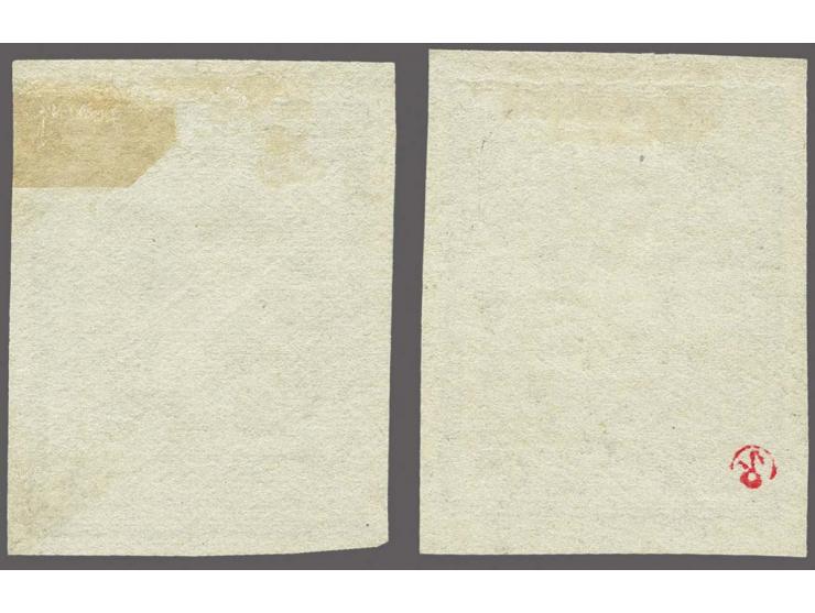 Ongetande kleurproeven type Veth 1 gulden doflila en 2½ gulden zwartblauw op dun grijs papier, pracht ex.