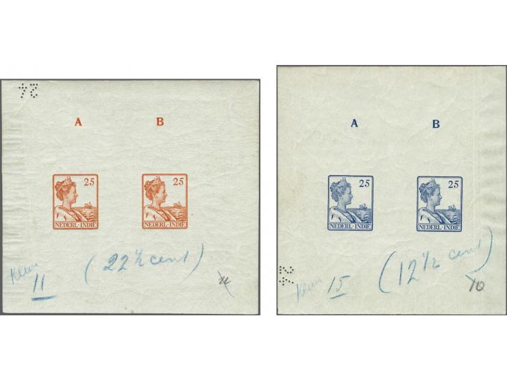 Kleurproeven van de niet-goedgekeurde 3e en 4e tekening van het Scheepjestype 25 cent tesamen in een velletje, alle 8 de kleu