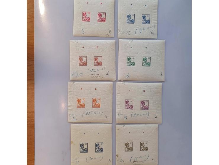 Kleurproeven van de niet-goedgekeurde 3e en 4e tekening van het Scheepjestype 25 cent tesamen in een velletje, alle 8 de kleu