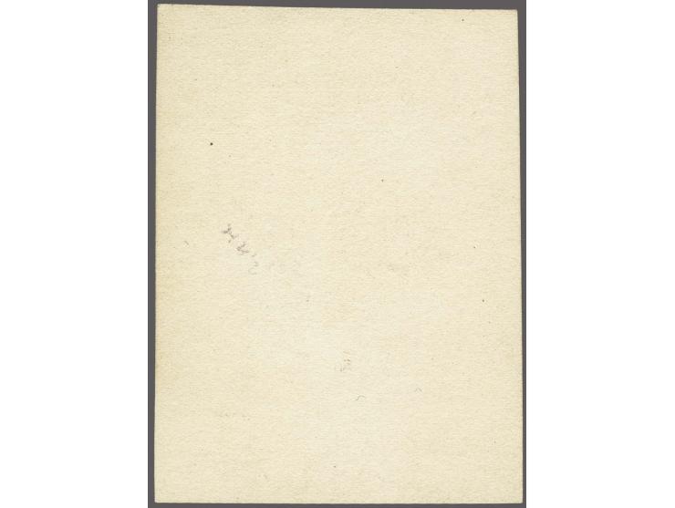 Afdruk van het hoofd van Koningin Wilhelmina, gebruikt voor het middenstuk van de Jubileumuitgifte 1923, op geelachtig karton