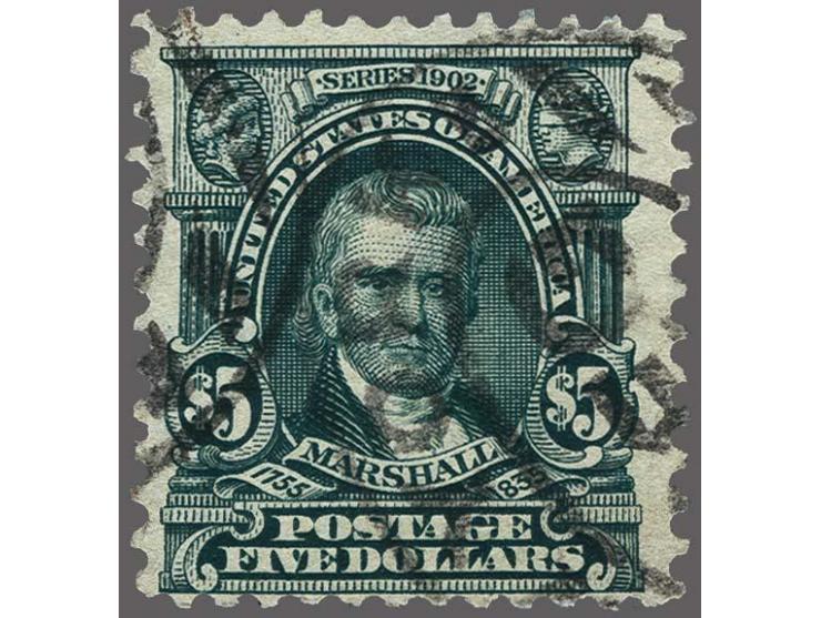 John Marshall 5 dollars dark green, very fine, cat.v. $ 675