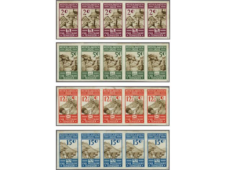 Goedgekeurde ongetande kleurproeven emissie Militaire Tehuizen 2 t/m 15 cent in strippen van 5 ex., vrijwel pracht ex. (gomzi