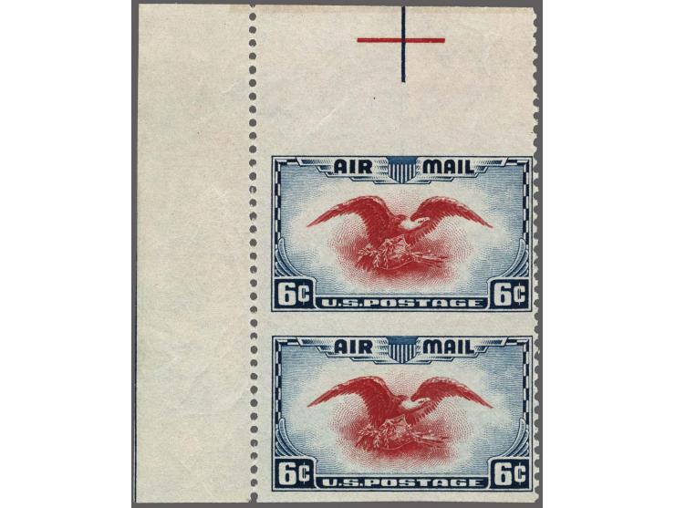 Eagle holding Shield 6 cents dark blue and carmine in vertical pair imperforated horizontaly with corner margin, very fine un