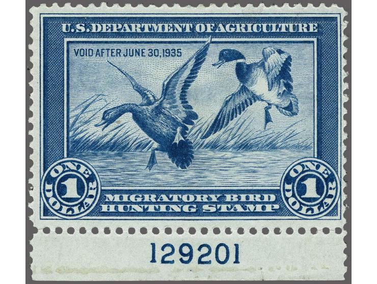 Mallards Alighting 1 dollar blue with sheet margin with plate number 129201, very fine unmounted mint (small natural gum incl