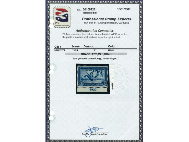 Mallards Alighting 1 dollar blue with sheet margin with plate number 129201, very fine unmounted mint (small natural gum incl