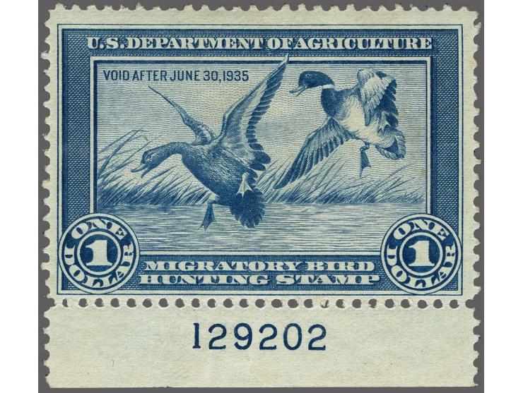 Mallards Alighting 1 dollar blue with sheet margin with plate number 129202, very fine unmounted mint, cat.v. $ 750
