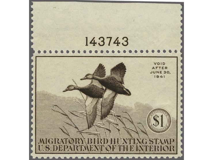 Black Mallards 1 dollar sepia (5x) all with sheet margin with plate numbers 143776 and 143743 in difeerent positions, very fi