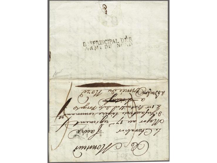 Bau PRINCIPAL&nbsp;DÉB/ ARM. DU&nbsp;NORD in black on letter from Paris (P in triangle) to L'ecluse (Sluis), addressee moved 