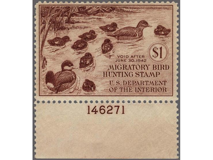 Ruddy Ducks 1 dollar brown carmine (3x) with sheet margin with plate number 146271 in different positions, very fine unmounte