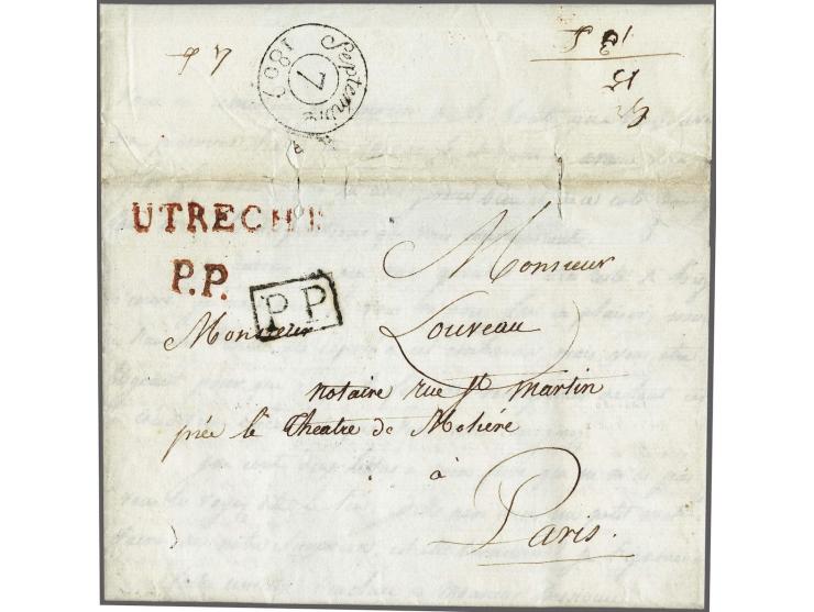 UTRECHT and P.P. both red on complete letter to Paris le 2 Septembre 1809, prepaid postage 17 st., only known letter combinat