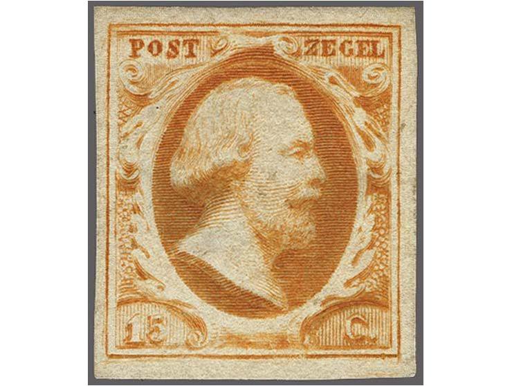 Ongetande proef van de 15 cent donkergeeloranje pos. 4 zonder gom (zoals uitgegeven), 5e proef volgens Brandsma, pracht ex. (