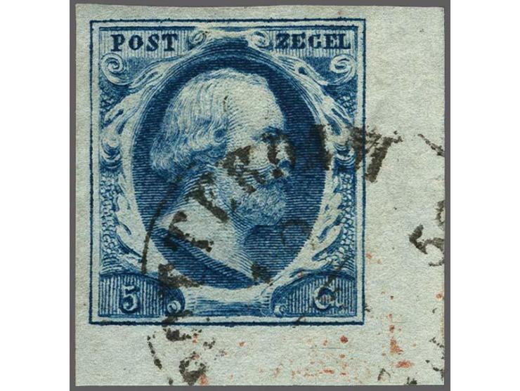 5 cent diepdonkerblauw plaat I pos. 25 met hoekvelrand, pracht ex.