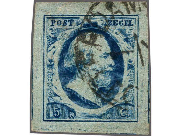 5 cent blauw plaat III pos. 52, pracht ex. met delen 3 buurzegels