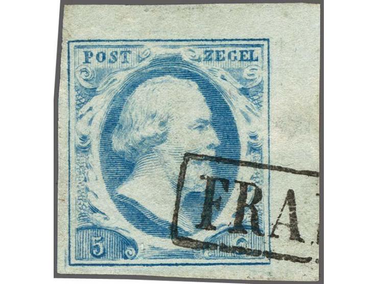 5 cent helderblauw plaat IV pos. 55 met hoekvelrand, pracht ex.