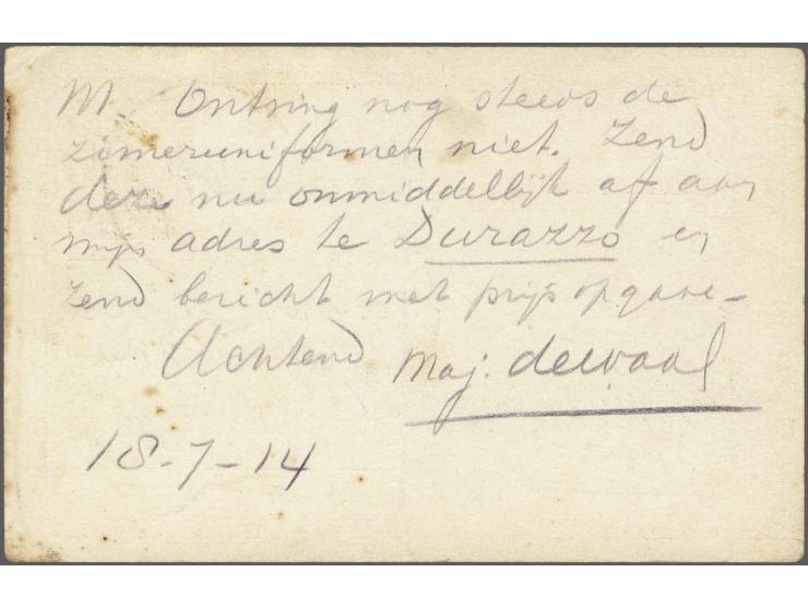 I.C.C. Dutch Mission, 10 qint Skanderbeg postcard written by Major de Waal at Dürres 18-7-1914 to Utrecht (Netherlands), fine