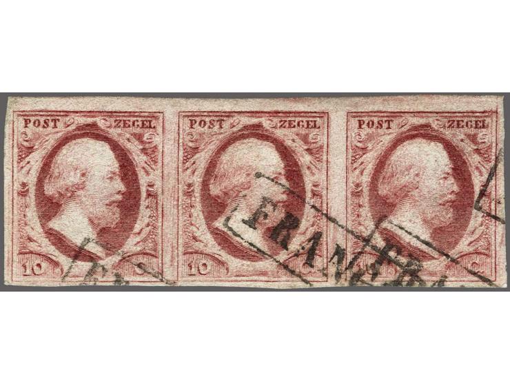 10 cent karmijn plaat VIII pos. 71-73 in strip van 3, pracht ex.