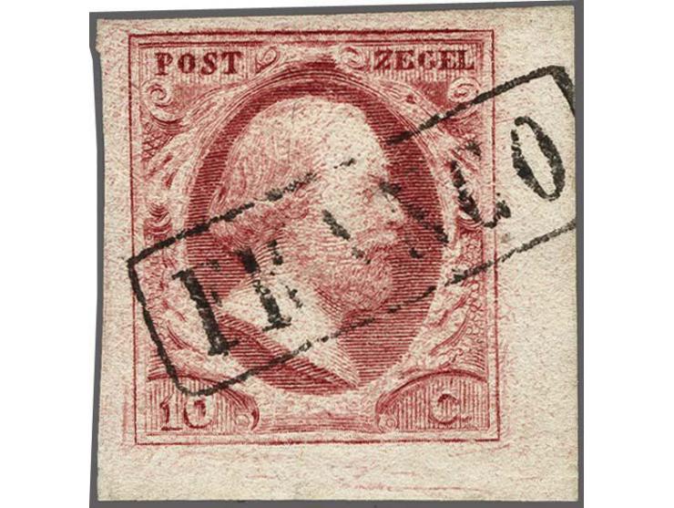 10 cent karmijn plaat VIII pos. 75 met hoekvelrand, pracht ex.