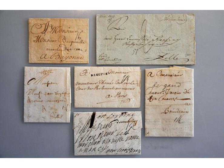 19 EO poststukken w.b. geschreven de brugge (brief Oostende-Cordane 1698), ovaal FRANCO FRONTIÈRE met halfrond GROOT ZUNDERT 