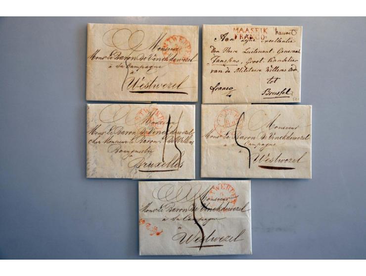 19 EO poststukken w.b. geschreven de brugge (brief Oostende-Cordane 1698), ovaal FRANCO FRONTIÈRE met halfrond GROOT ZUNDERT 