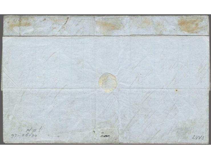 5 cent grijsblauw plaat II pos. 26-30 in strip van 5&nbsp; en 15 cent oranje pos. 97 op vouwbrief van Rotterdam 27-1-1855 naa